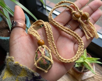 Authentic Tumbled Unakite Natural Brown Macrame Cord Crystal Handmade Necklace