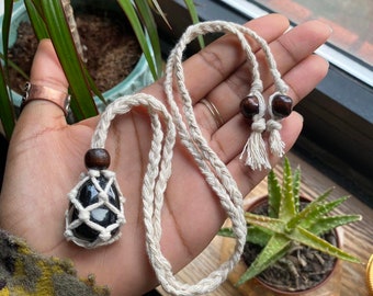 Authentic Tumbled Black Obsidian White Macrame Cord Handmade Crystal Necklace