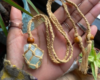 Authentic Tumbled Green Prehnite Brown Macrame Cord Crystal Handmade Necklace