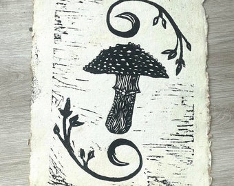 Handmade Boho Wall Fairycore Art Decor Mushroom Linocut Print