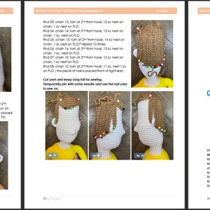 May include: Crochet pattern instructions for making a doll's hair. The instructions include a step-by-step guide with images showing how to crochet the hair and attach it to the doll's head. The pattern also includes instructions for crocheting a yellow hooded top for the doll.