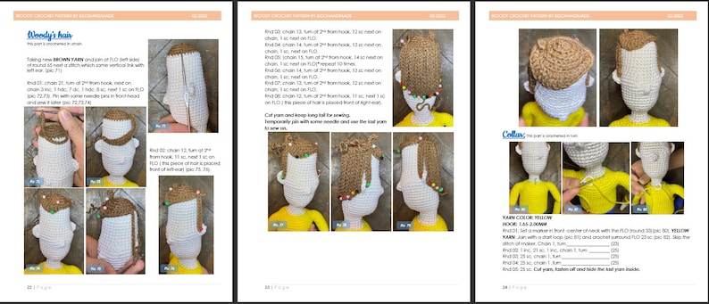 May include: Crochet pattern instructions for making a doll's hair. The instructions include a step-by-step guide with images showing how to crochet the hair and attach it to the doll's head. The pattern also includes instructions for crocheting a yellow hooded top for the doll.
