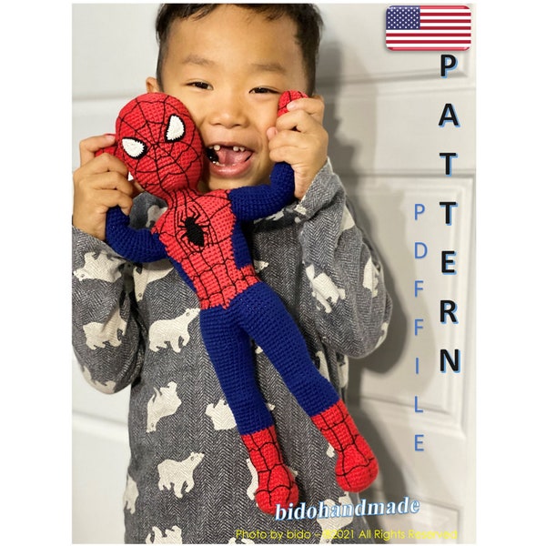 Patrón hombre héroe Patrón amigurumi de crochet de 15 pulgadas (38 cm) Seguridad infantil Perfecta para niños 80 imágenes tutoriales, vídeo français English