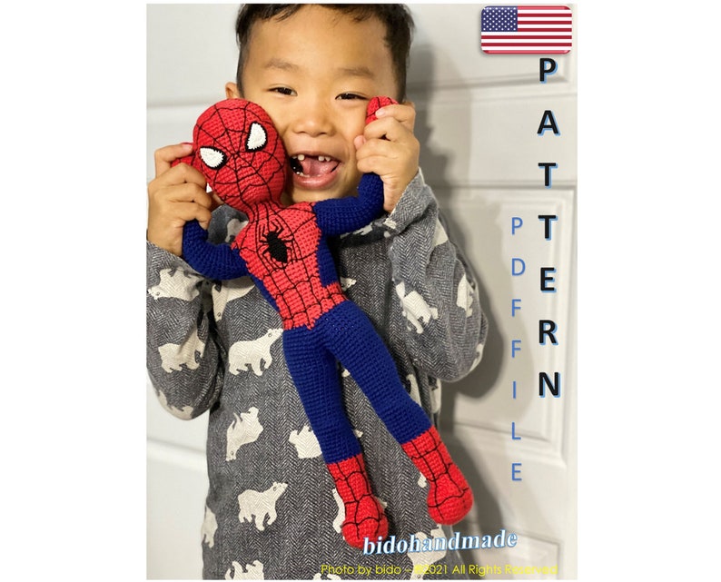 Hero's man pattern 15 inches 38 cm crochet amigurumi pattern Children Safety Perfect for Kids 80 tutorial pictures, video français English image 1