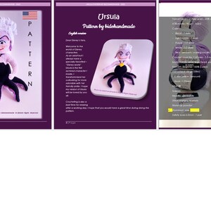 May include: Crochet pattern for Ursula from Disney's The Little Mermaid. The pattern includes instructions for crocheting a purple and black amigurumi doll with a yellow necklace. The pattern is written in English and includes materials and tools needed.
