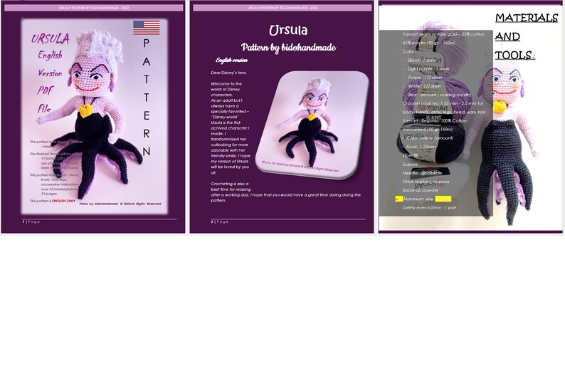 May include: Crochet pattern for Ursula from Disney's The Little Mermaid. The pattern includes instructions for crocheting a purple and black amigurumi doll with a yellow necklace. The pattern is written in English and includes materials and tools needed.