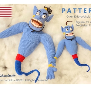 Peut inclure: Un modèle de crochet pour réaliser un génie bleu avec une ceinture rouge et jaune. Le modèle comprend plus de 80 images de tutoriel et des instructions pour réaliser deux tailles : 53 cm et 28 cm.