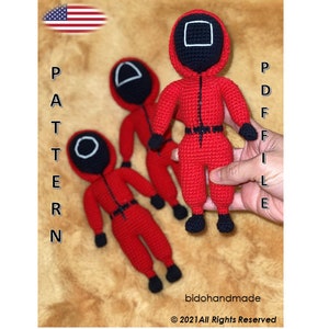 May include: Crochet pattern PDF file for making a red and black Squid Game character doll. The pattern includes instructions for making the doll's head, body, and limbs.