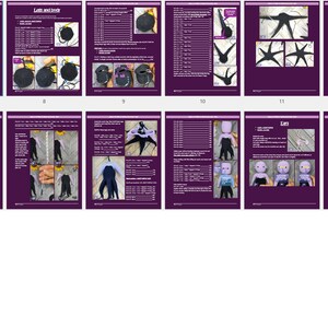 May include: A step-by-step guide to making a crocheted doll. The guide includes instructions and images for making the doll's legs, body, ears, and hair. The doll is purple and has a black dress.