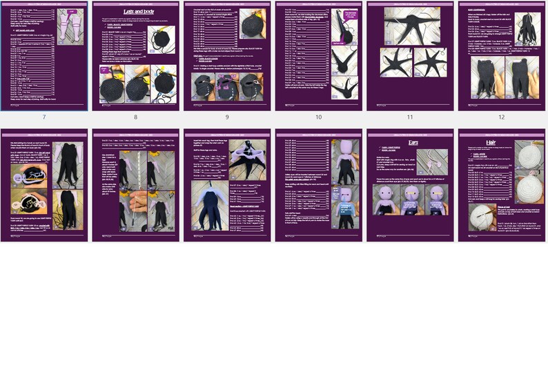 May include: A step-by-step guide to making a crocheted doll. The guide includes instructions and images for making the doll's legs, body, ears, and hair. The doll is purple and has a black dress.