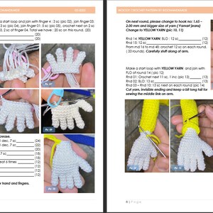 May include: Crochet pattern instructions for making a Woody doll from the movie Toy Story. The pattern includes instructions for crocheting the hands and arms using white and yellow yarn. The image shows the different steps involved in crocheting the hands and arms.