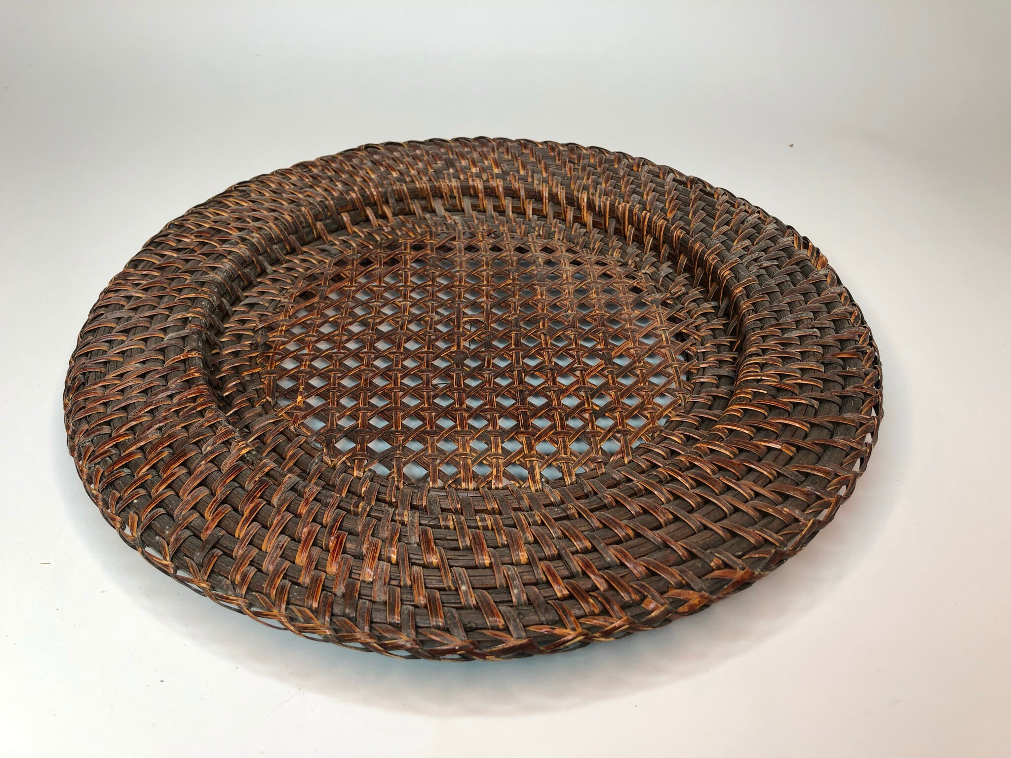 Vintage Round Wicker Flat Basket Woven Rattan Charger Etsy