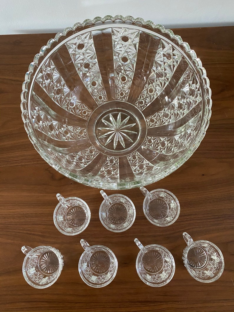 Crystal Punch Bowl Set with 7 glasses Etsy