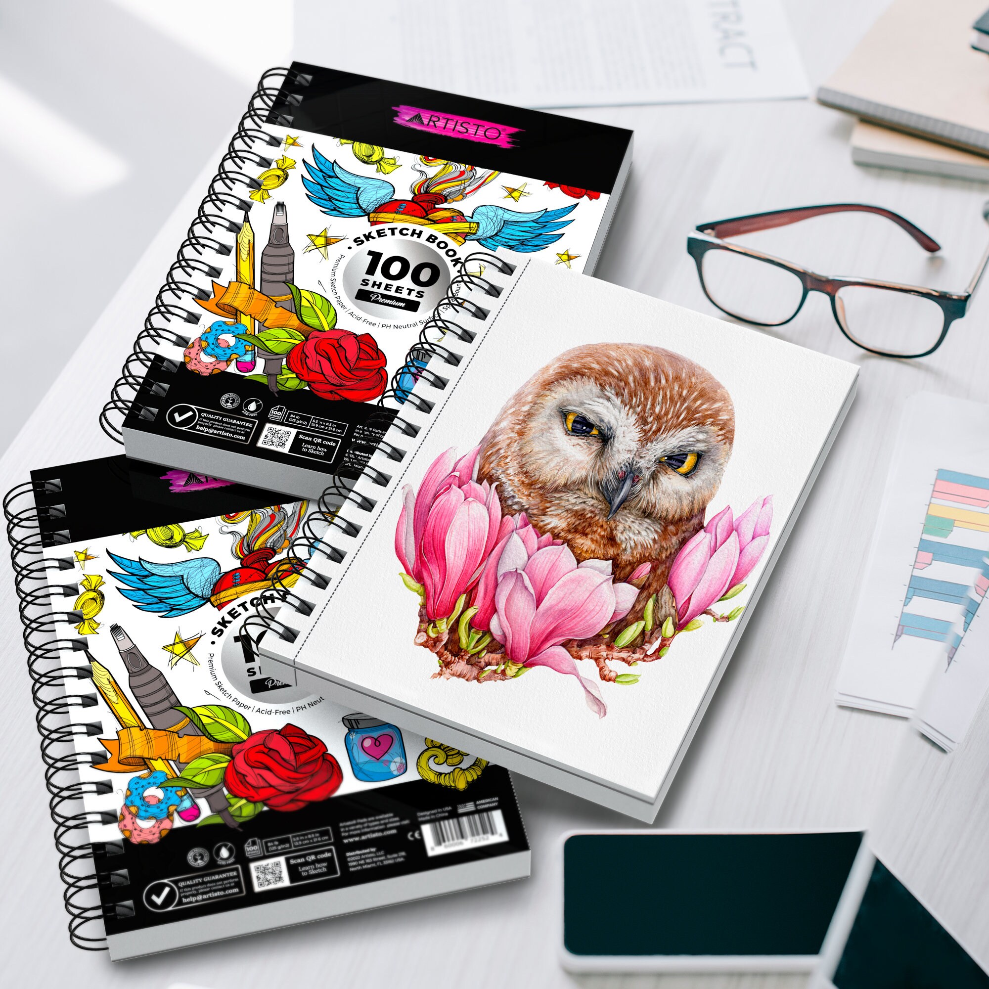 Premium Sketch Book Set, 5.5x8.5 In, Spiral Bound, Pack of 3, 300