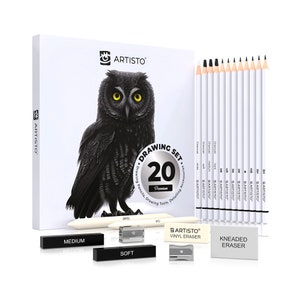 Drawing and Sketching Pencil Art Set (20 Items) - Complete Kit with Graphite Pencils, Charcoal Pencils, Sticks, Blending Stumps, Erasers