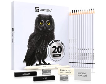 Drawing and Sketching Pencil Art Set (20 Items) - Complete Kit with Graphite Pencils, Charcoal Pencils, Sticks, Blending Stumps, Erasers