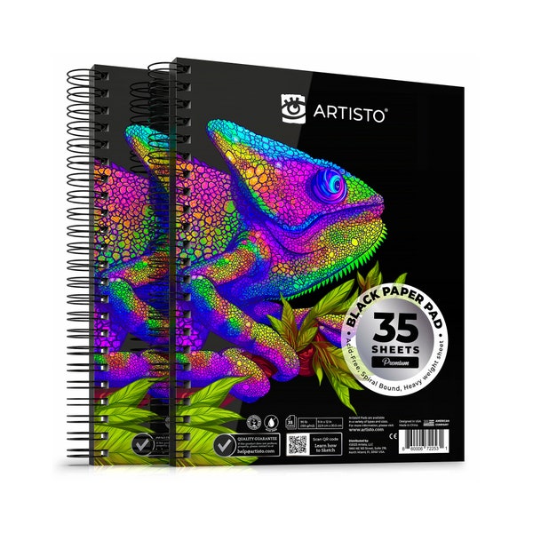 Premium Black Paper Pads 9"x12" inches - Pack of 2 (70 Sheets), (150g/m2), Acid-Free Drawing Paper, Spiral Bound, Teens & Adults