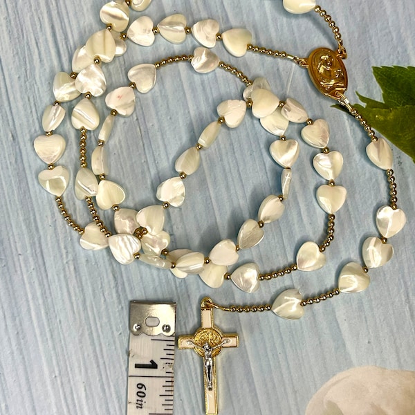 White Shell Heart Catholic Rosary | Handmade White Gold Shell Rosary | Heart Bead Shell Catholic Rosary