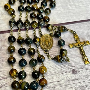Handmade Tigereye Catholic Rosary: Bronze Bead Caps, Natural Stone