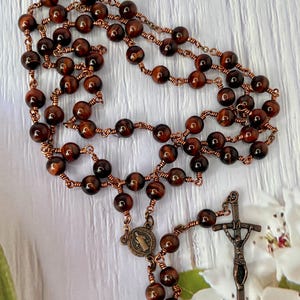 Handmade Red Tigereye Rosary: Catholic Copper St Benedict Crucifix