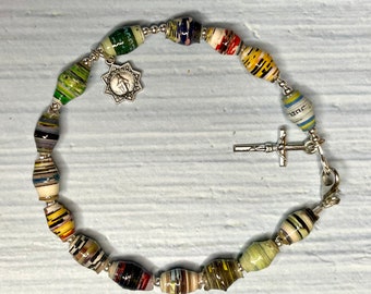 Recycled Paper Bead Rosary Bracelet | Multicolor Catholic Rosary Bracelet | Handmade Catholic Rosary Bracelet
