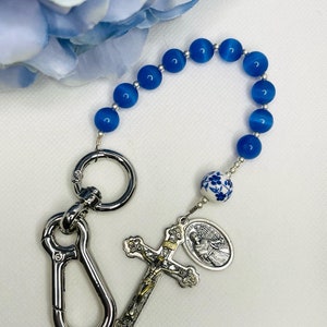 Blue Silver Catholic Rosary | Handmade Catholic Rosary Keychain | Saint Maximilian Kolbe Medal