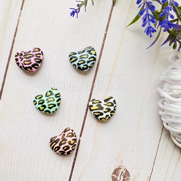 Colorful leopard • heart beads • silicone beads • set of 2 pcs • craft • diy • heart shaped • necklace • beads • love