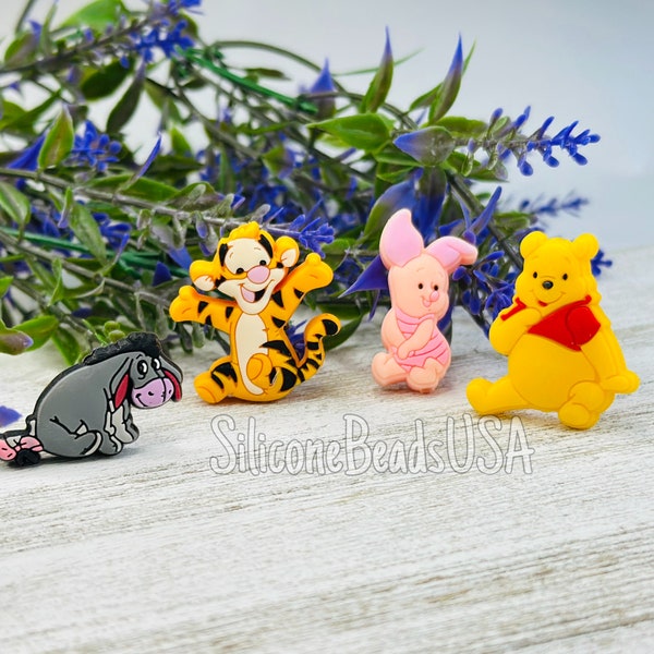 Set of 4  beads • silicone focal beads • lanyard • beaded pen • wristlet • keychain • pig • donkey • tiger • bear • honey