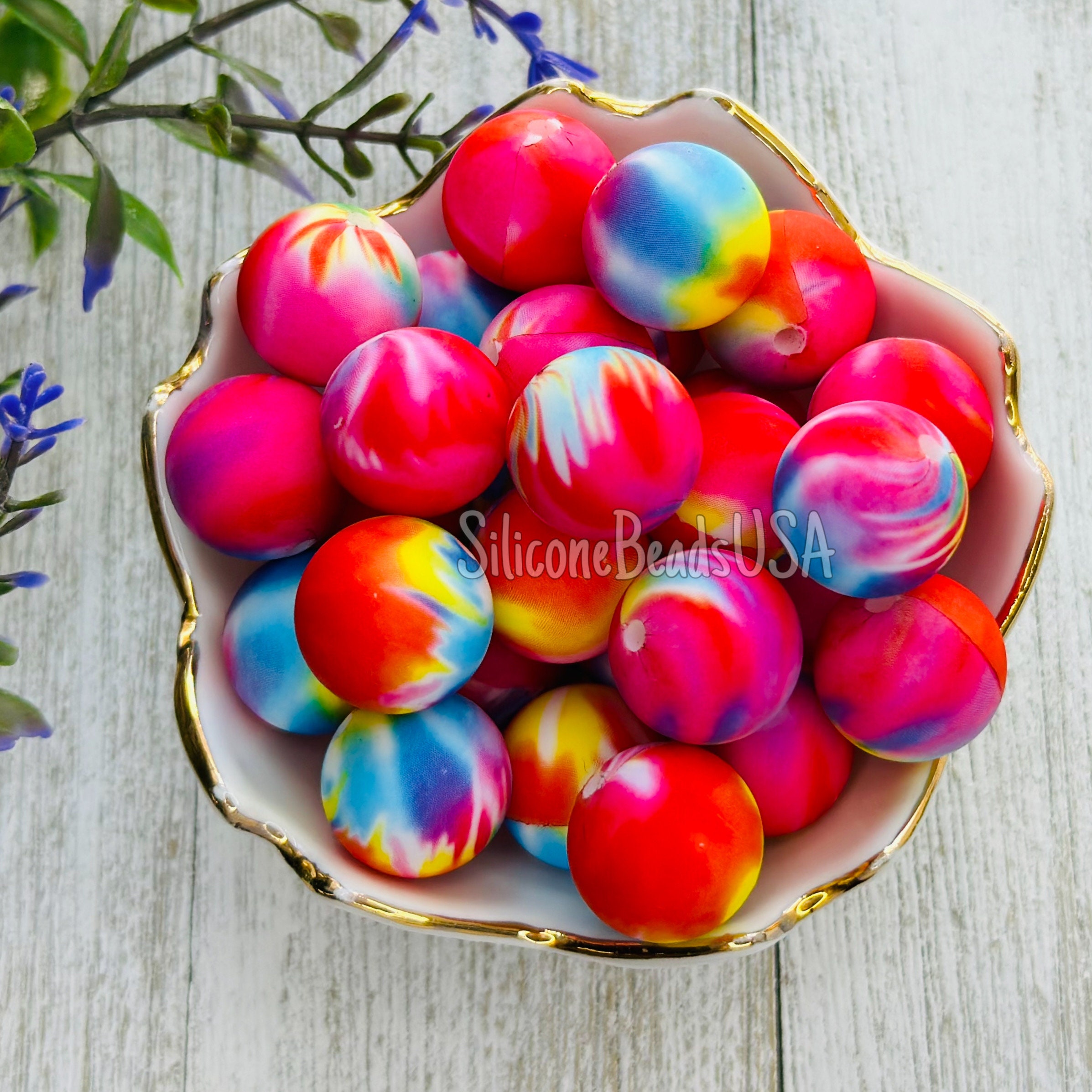 Star tie dye • silicone round beads • 10 pcs • 15 mm • loose sensory beads  • gold • pink • jewelry making