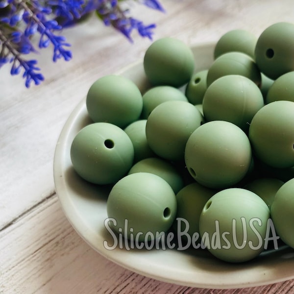 MOSS GREEN • 10 pcs • 15 mm • silicone round beads • keychain bracelet necklace lanyard beaded pen • loose sensory beads • diy •