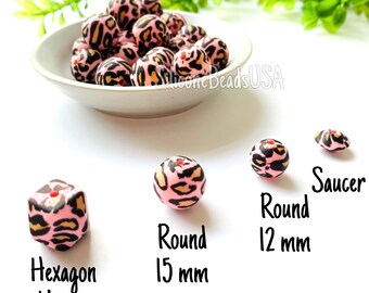 PINK spotted leopard • cheetah • hexagon • round • lentil • spacer • food grade silicone beads • animal print • loose sensory beads