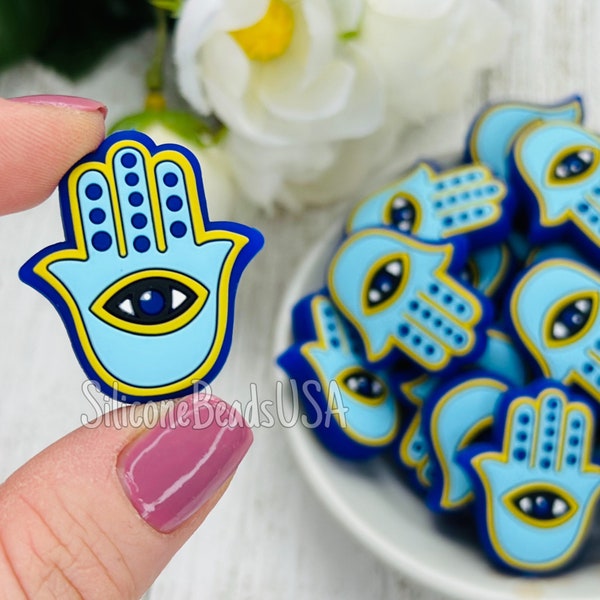 NEW Hamsa hand bead • Evil eye jewelry • silicone focal beads • Greek eye • amulet • luck • diy • beads for pen wristlet lanyard keychain