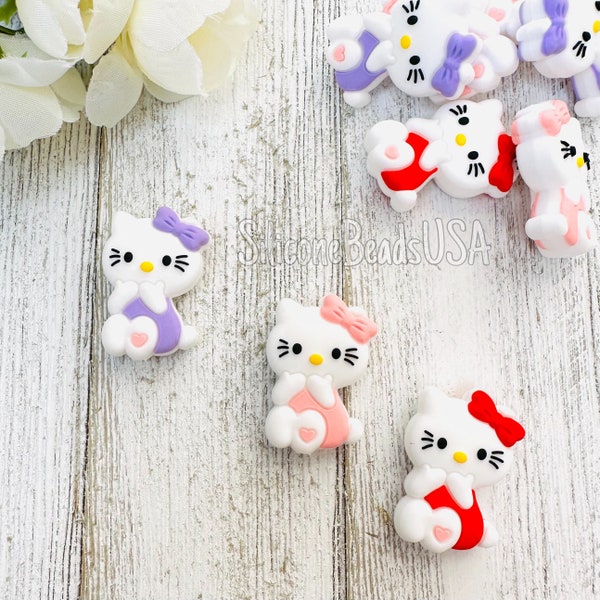 White kitty beads • white pink purple • beads for pen wristlet  • cat beads • silicone beads • cat with bow • keychain • lanyard • cartoon