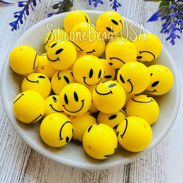 Smiley face beads • 10 pcs • 15 mm • silicone beads • sensory loose beads • round yellow beads • emoji beads • beads for pen • diy