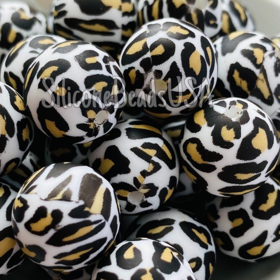 WHITE spotted leopard • cheetah • round silicone beads • 15 mm • silicone  beads • animal print • loose sensory bead • pen for beads lanyard