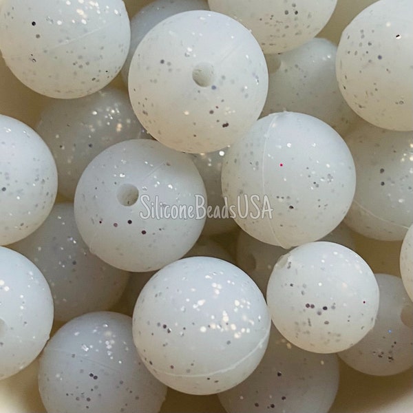 WHITE SILVER glitter sparkly beads •  shimmer beads • 10 pcs • 15 mm silicone round beads • loose sensory beads • jewelry making