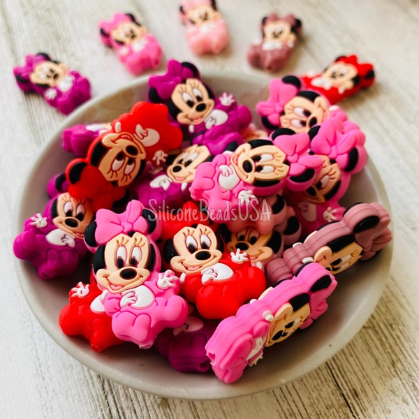 NOUVEAUTÉS Perles Minnie • ROUGE • ROSE • Perles sensorielles libres • Perles focales en silicone • oreilles de souris • pois • stylo à billes porte-clés bricolage