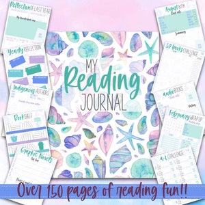 May include: A printable reading journal featuring a watercolour seashell and starfish design. The cover reads "My Reading Journal". The journal includes pages for tracking books read, reflecting on reading habits, and setting reading goals.