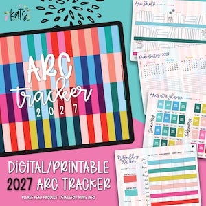 May include: A digital 2027 ARC tracker planner featuring a colourful vertical striped cover with white text. The set includes printable pages for an arc shelf, 2027 publication dates, an arc at a glance overview, and a NetGalley monthly reading tracker.