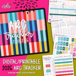May include: Digital printable 2026 ARC tracker with a colorful striped design. The image includes a tablet with the text "ARC tracker 2026" and additional pages for tracking. The text "DIGITAL/PRINTABLE 2026 ARC TRACKER" is also visible.