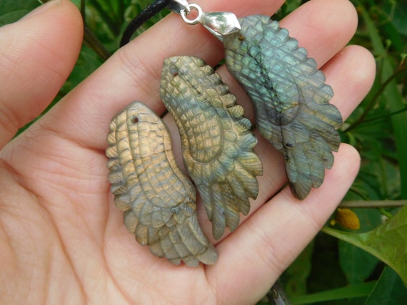 Carved Labradorite Angel Wing Pendants Carved Labradorite Angel Wing Pendants