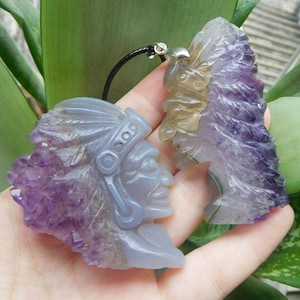 Amethyst tribe. carved warrior pendant. gemstone carving tribe, crystal carve indian fce pendant. handcrafted  pendant. animal craft pendant