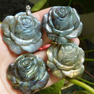 labradorite flower pendant. labradorite rose. carve labradorite flower. carve flower pendant. handcrafted labradorite rose personalized gift