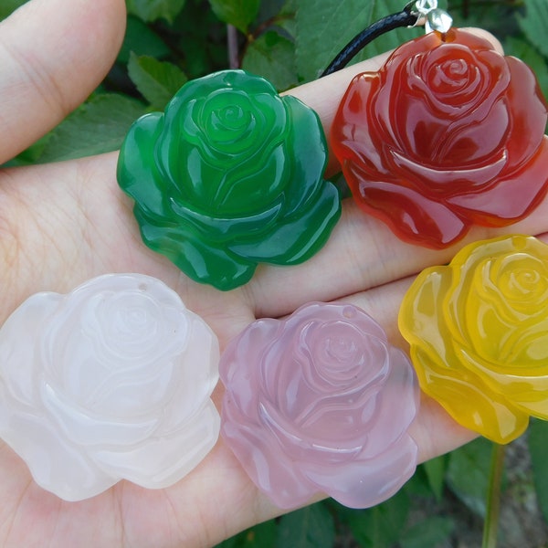 Crystal Carved Flower. Flower Pendant. Flower Charm. Jewelry Making. Rose Necklace. Agate Craft Rose Necklace. Personalized Gift for Her