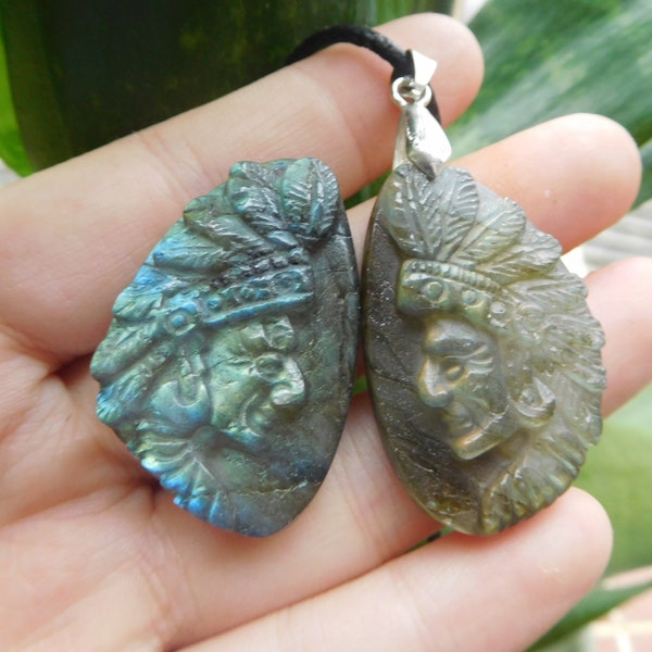 labradorite indian head. carved indian head. Indian warrior Head. labradorite warrior. warrior pendant. gemstone craft. carving tribe