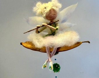 Needle felted fairy, Waldorf inspired, Felted fairy, Musician, Wool fairy, Wool doll, Wool art, Art doll, Flower fairy, White dress, Flute