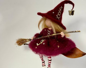 Needle felted witch, Waldorf inspired, Felted doll, Felted witch, Witch, Felting, Halloween decoration, Bordeaux, Wool doll, Wool witch