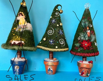 Needle felted Christmas tree, Christmas gift, Christmas decor, Christmas tree, Ceramic pot, Painted pot