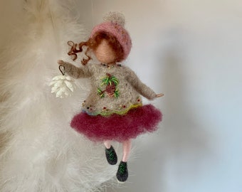 Needle felted doll, Waldorf inspired, Felted doll, Christmas doll, Christmas tree decor, Christmas gift, Wool doll, Gray and bordeaux