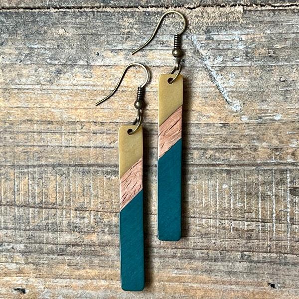 Olive and Dark Green Acrylic Resin and Wood Dangle Earrings, Bohemian Earrings, Dangle Boho Earrings, Boho Jewelry, Bohemian Hippie Earrings